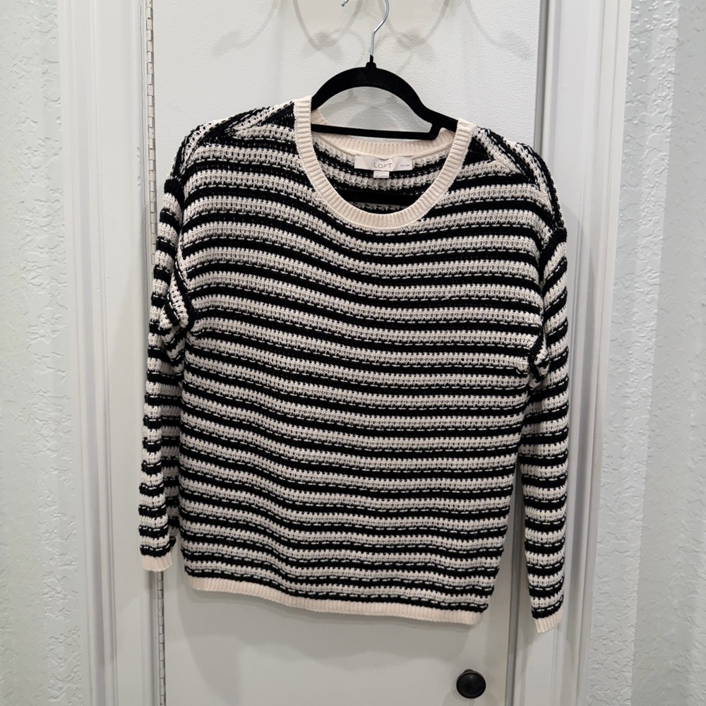 LOFT Black and Cream Striped Sweater